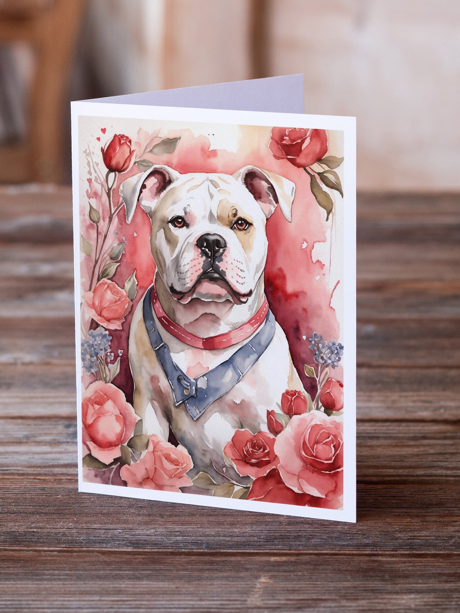 American Bulldog Valentine Roses Greeting Cards Pack of 8 Blank Cards with Envelopes Whimsical A7 Size 5x7