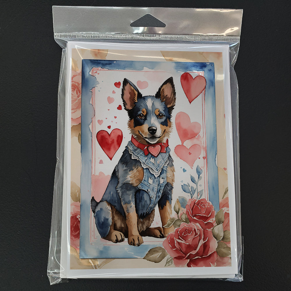 Australian Cattle Dog Valentine Roses Greeting Cards Pack of 8 Blank Cards with Envelopes Whimsical A7 Size 5x7