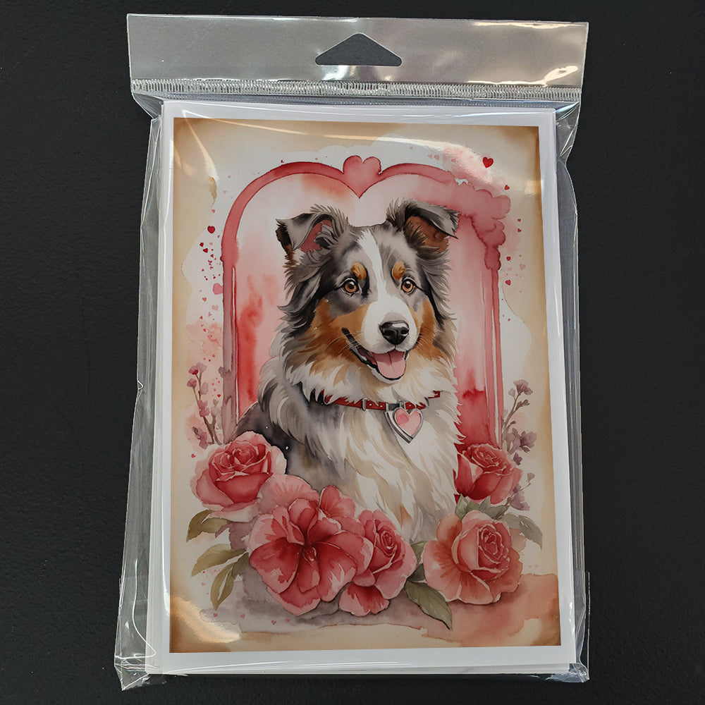 Australian Shepherd Valentine Roses Greeting Cards Pack of 8 Blank Cards with Envelopes Whimsical A7 Size 5x7