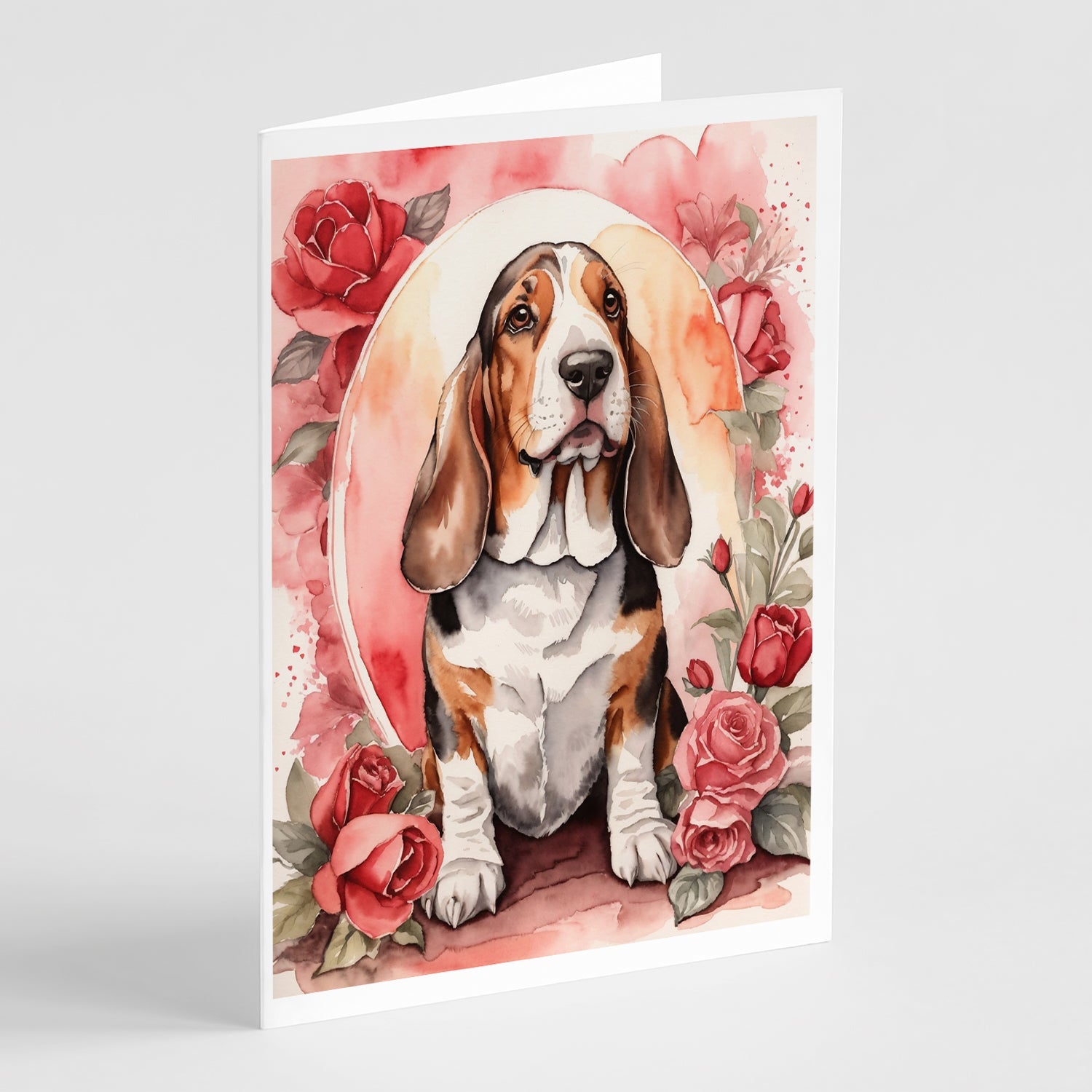 Basset Hound Valentine Roses Greeting Cards Pack of 8 Blank Cards with Envelopes Whimsical A7 Size 5x7