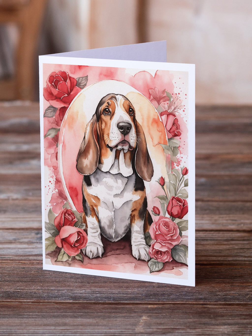 Basset Hound Valentine Roses Greeting Cards Pack of 8 Blank Cards with Envelopes Whimsical A7 Size 5x7