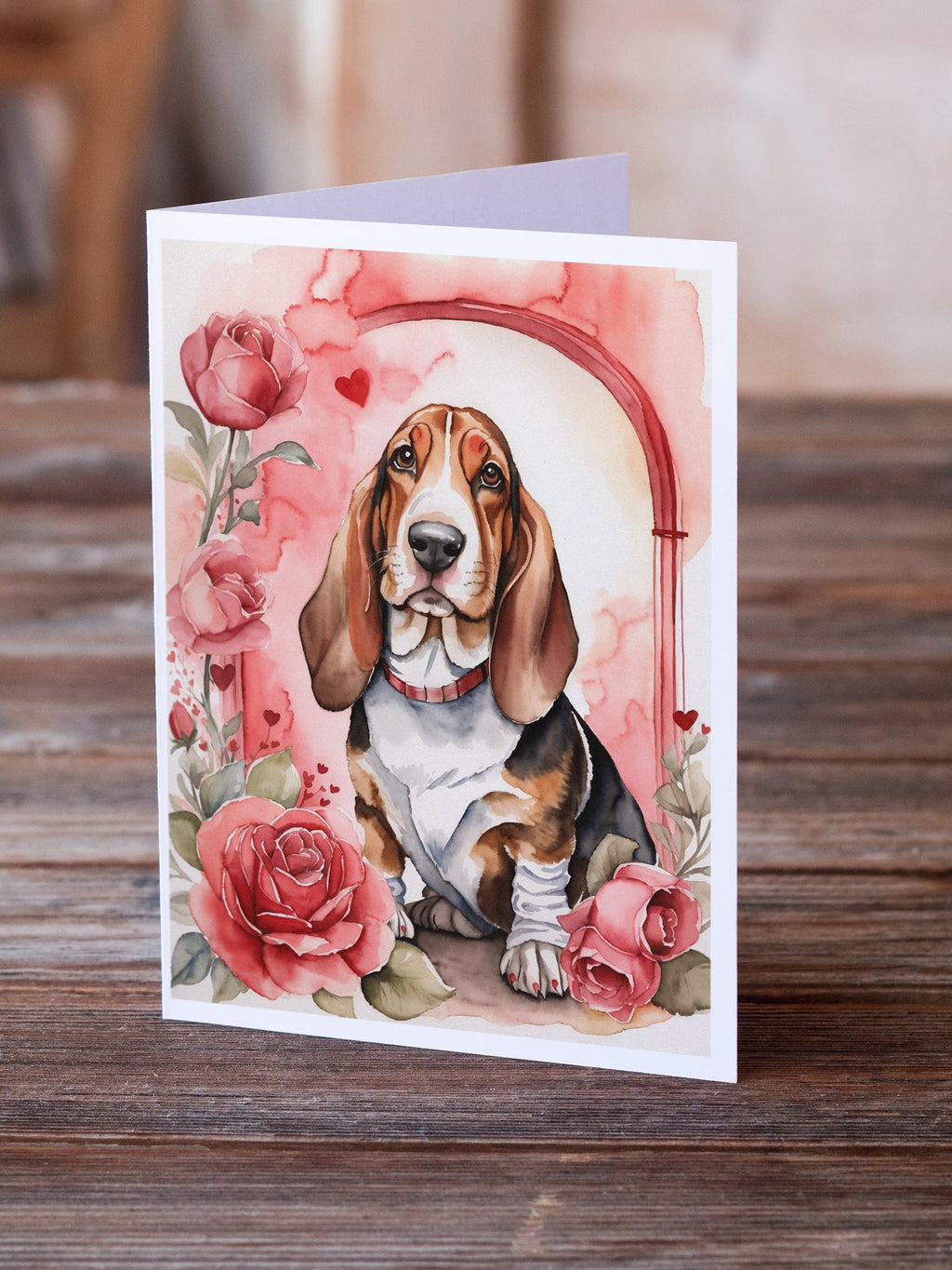 Basset Hound Valentine Roses Greeting Cards Pack of 8 Blank Cards with Envelopes Whimsical A7 Size 5x7