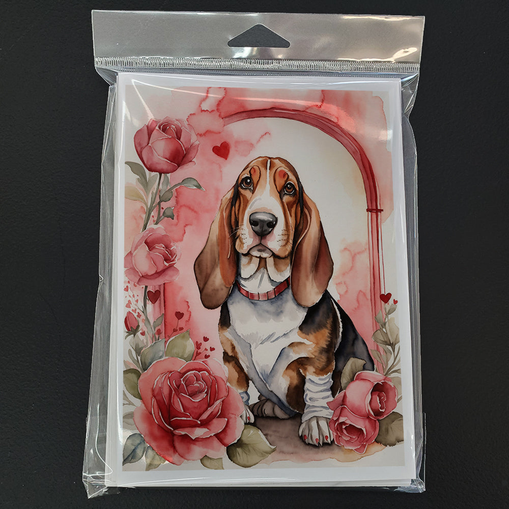 Basset Hound Valentine Roses Greeting Cards Pack of 8 Blank Cards with Envelopes Whimsical A7 Size 5x7