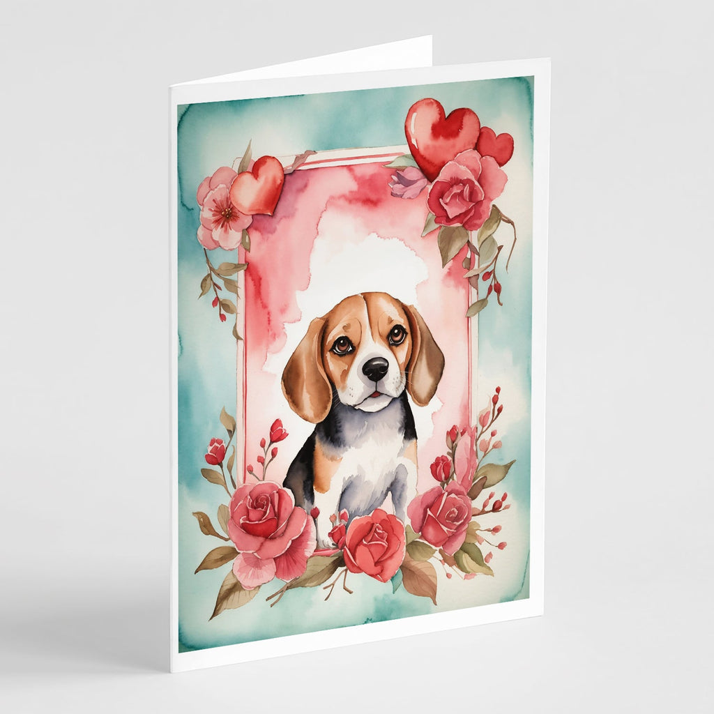 Beagle Valentine Roses Greeting Cards Pack of 8 Blank Cards with Envelopes Whimsical A7 Size 5x7