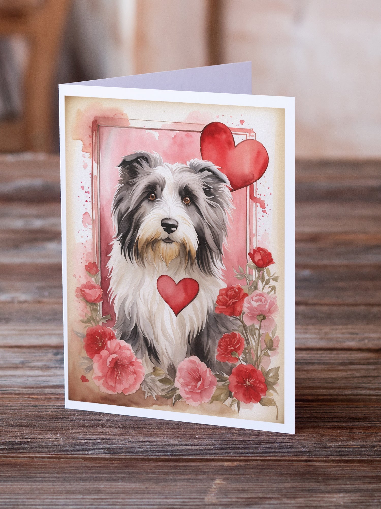 Bearded Collie Valentine Roses Greeting Cards Pack of 8 Blank Cards with Envelopes Whimsical A7 Size 5x7