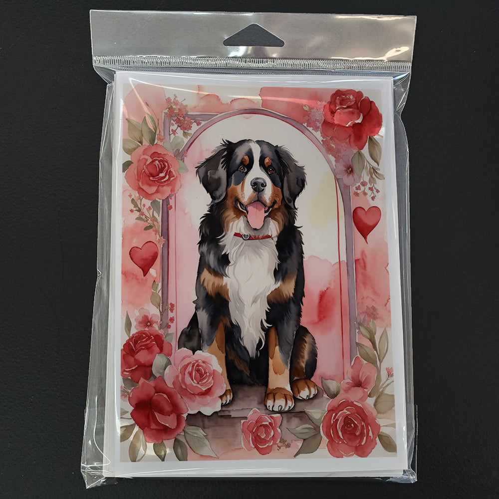 Bernese Mountain Dog Valentine Roses Greeting Cards Pack of 8 Blank Cards with Envelopes Whimsical A7 Size 5x7