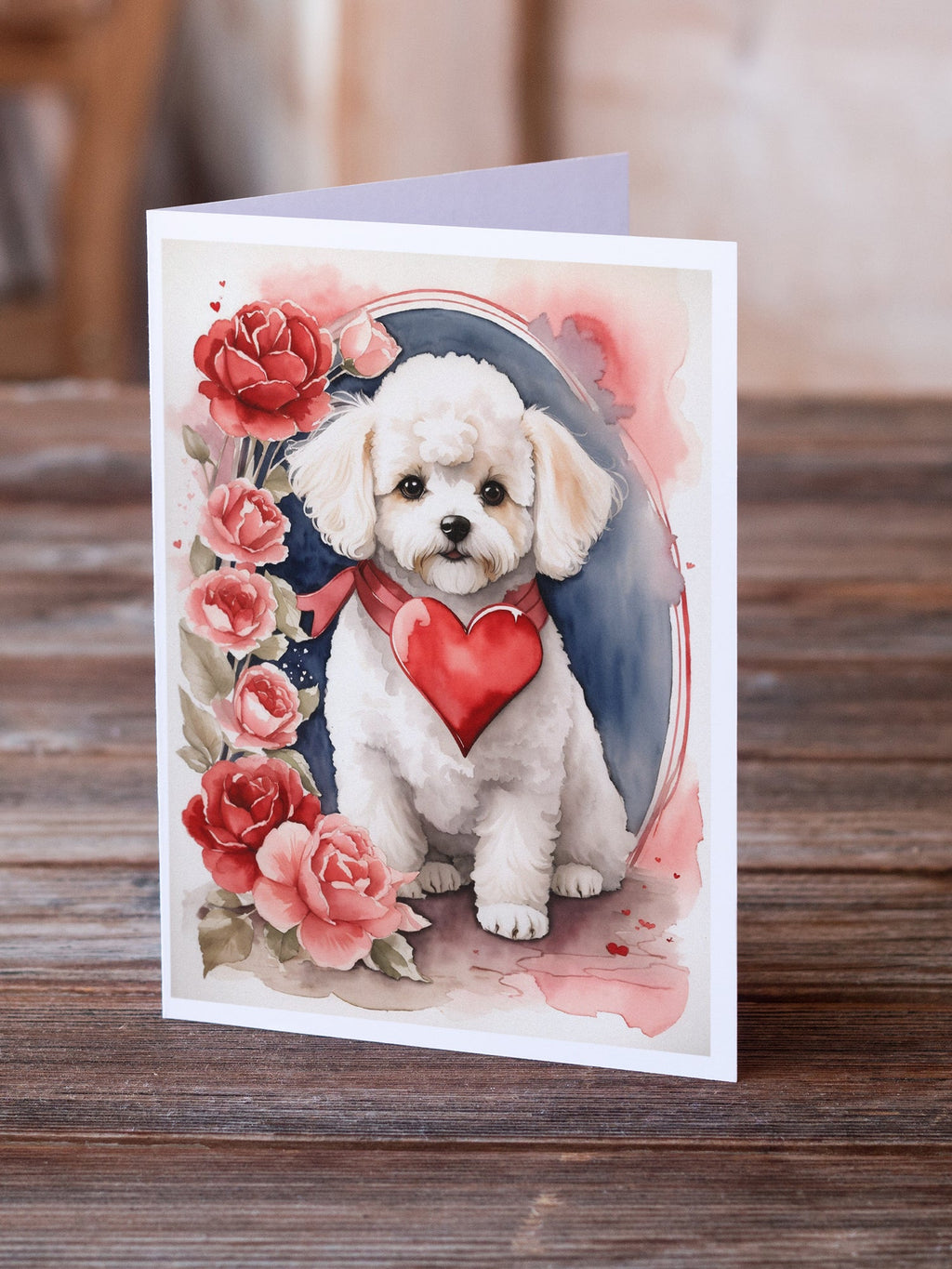 Bichon Frise Valentine Roses Greeting Cards Pack of 8 Blank Cards with Envelopes Whimsical A7 Size 5x7