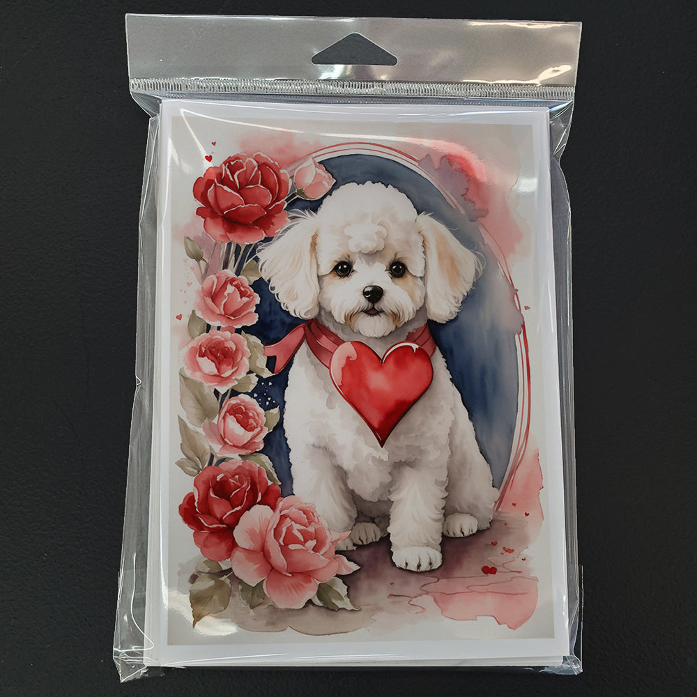 Bichon Frise Valentine Roses Greeting Cards Pack of 8 Blank Cards with Envelopes Whimsical A7 Size 5x7