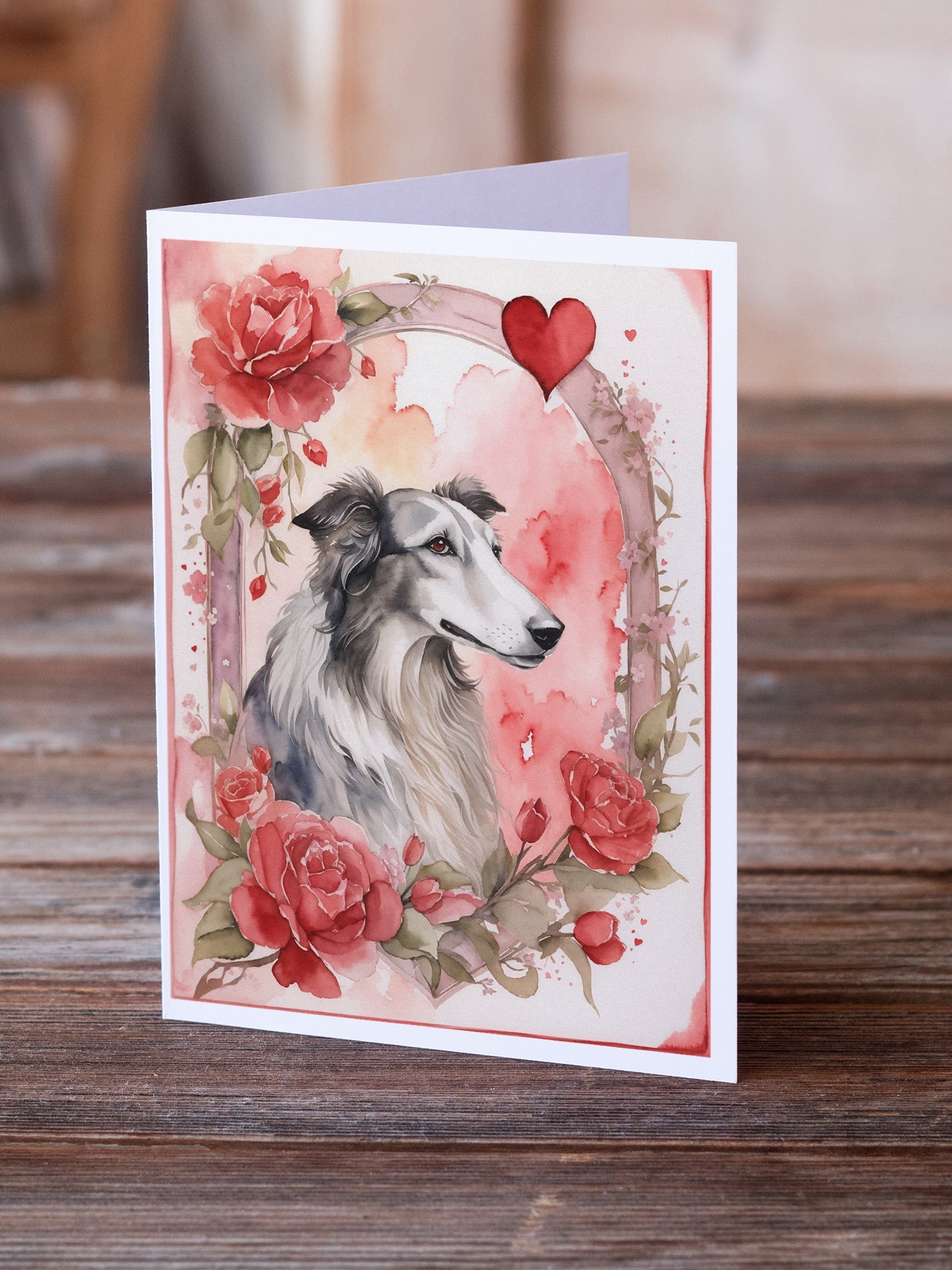 Borzoi Valentine Roses Greeting Cards Pack of 8 Blank Cards with Envelopes Whimsical A7 Size 5x7
