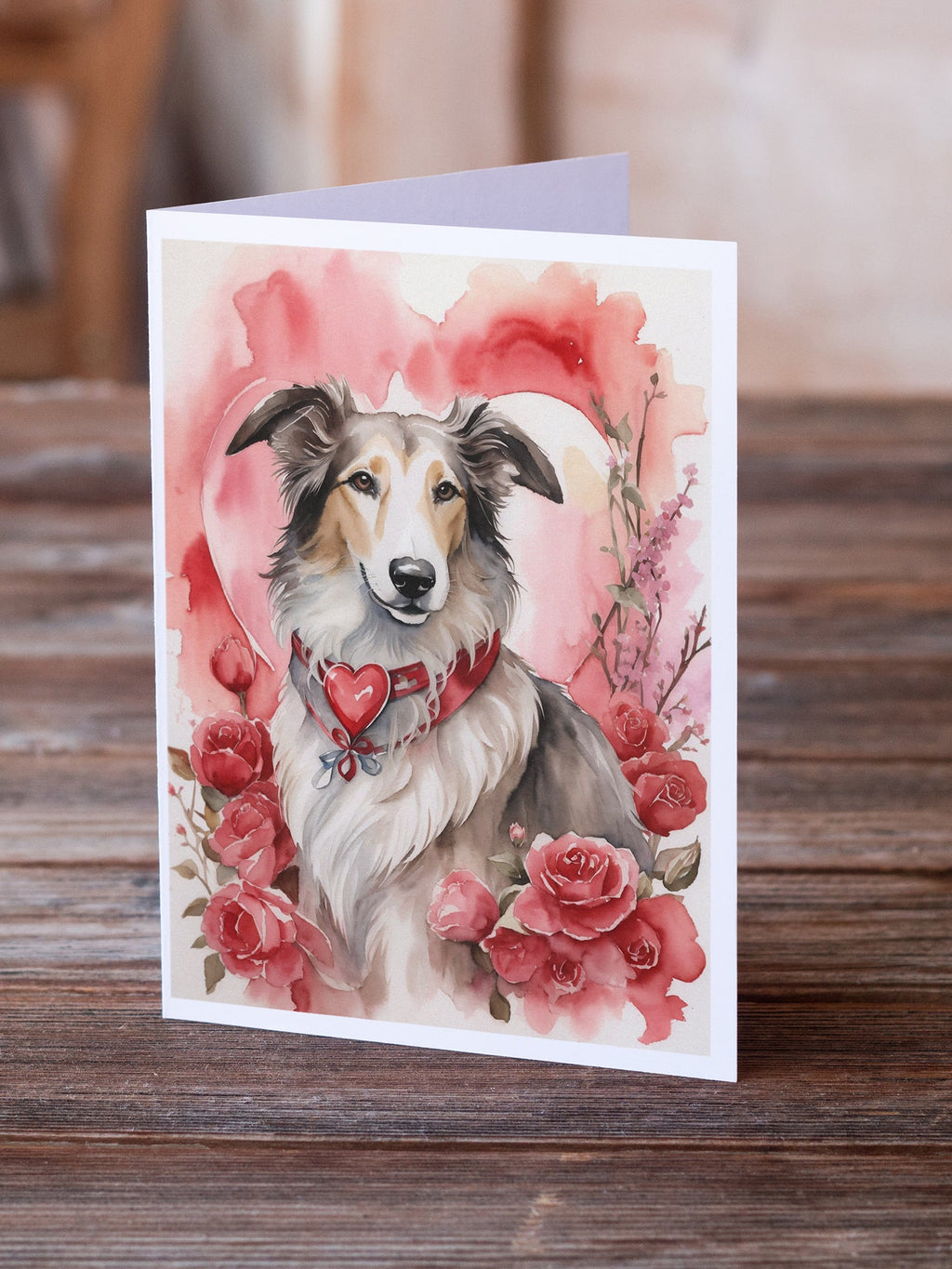 Borzoi Valentine Roses Greeting Cards Pack of 8 Blank Cards with Envelopes Whimsical A7 Size 5x7