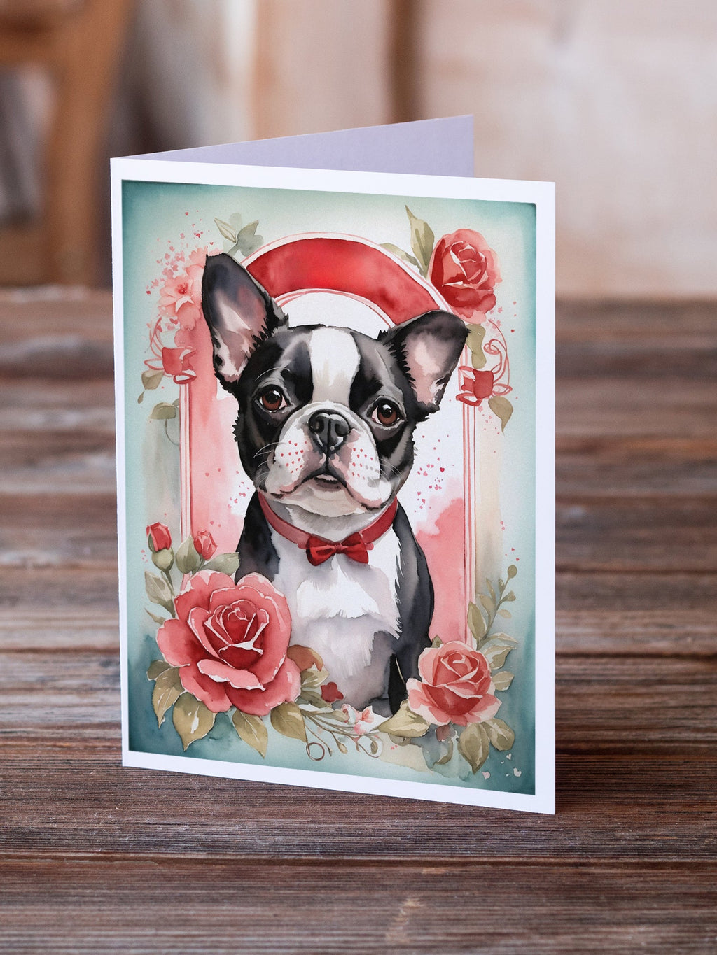 Boston Terrier Valentine Roses Greeting Cards Pack of 8 Blank Cards with Envelopes Whimsical A7 Size 5x7