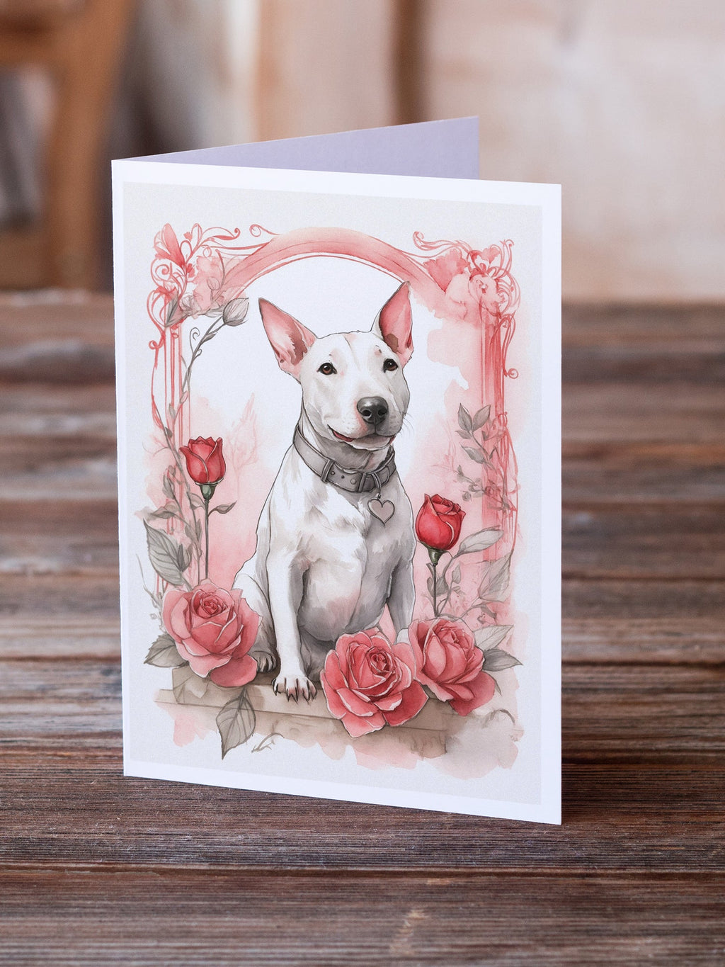 Bull Terrier Valentine Roses Greeting Cards Pack of 8 Blank Cards with Envelopes Whimsical A7 Size 5x7