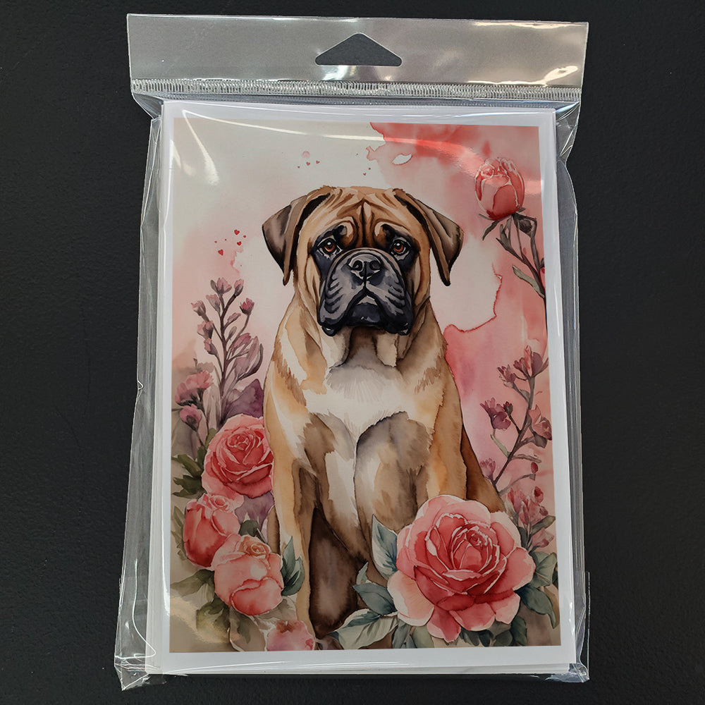 Bullmastiff Valentine Roses Greeting Cards Pack of 8 Blank Cards with Envelopes Whimsical A7 Size 5x7