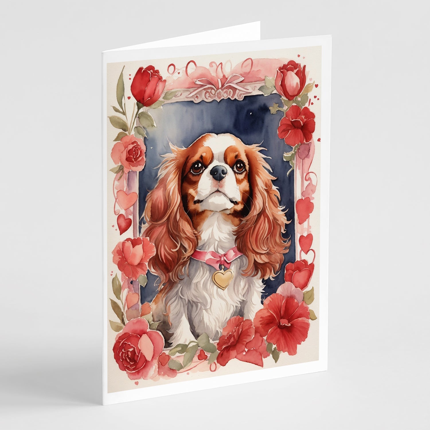 Cavalier Spaniel Valentine Roses Greeting Cards Pack of 8 Blank Cards with Envelopes Whimsical A7 Size 5x7