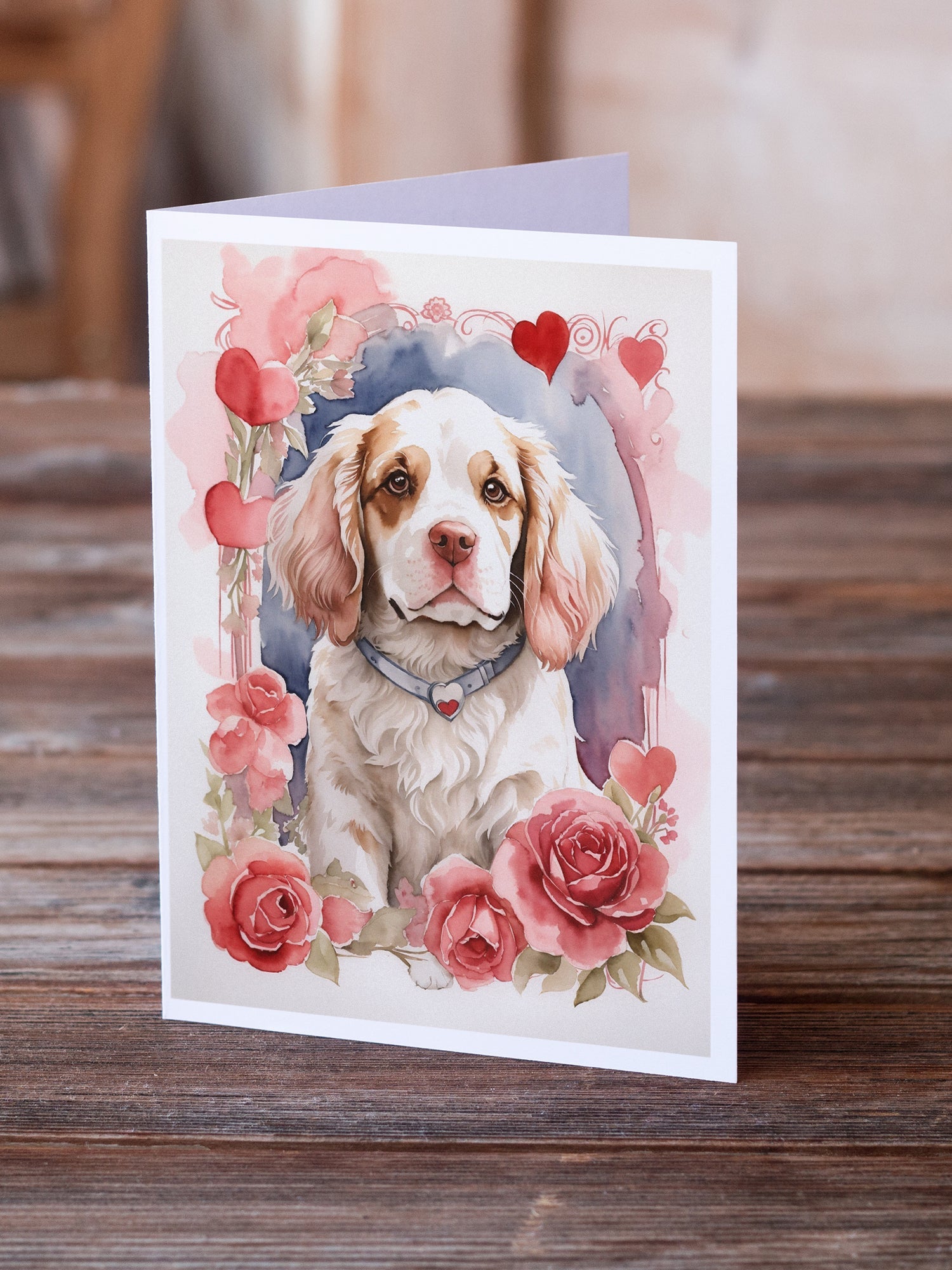 Clumber Spaniel Valentine Roses Greeting Cards Pack of 8 Blank Cards with Envelopes Whimsical A7 Size 5x7