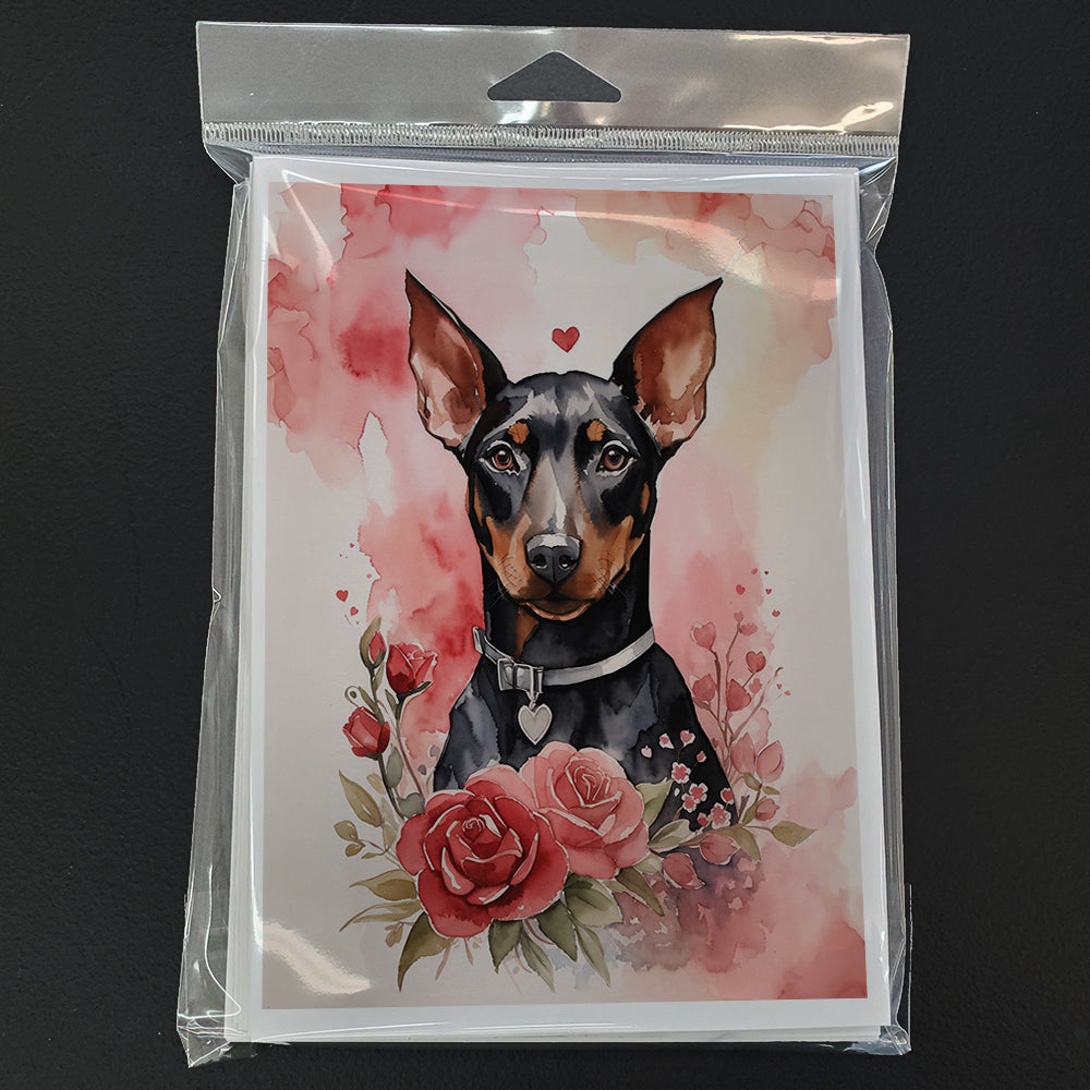 Doberman Pinscher Valentine Roses Greeting Cards Pack of 8 Blank Cards with Envelopes Whimsical A7 Size 5x7