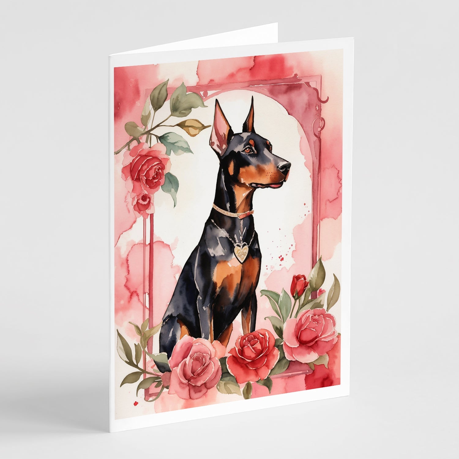Doberman Pinscher Valentine Roses Greeting Cards Pack of 8 Blank Cards with Envelopes Whimsical A7 Size 5x7