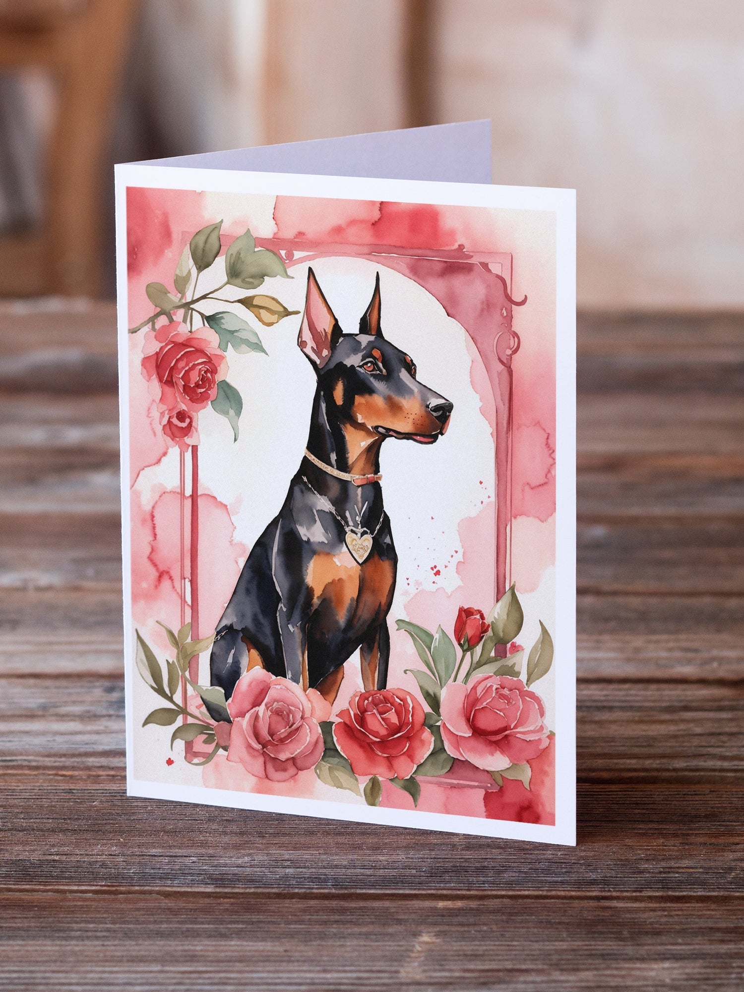 Doberman Pinscher Valentine Roses Greeting Cards Pack of 8 Blank Cards with Envelopes Whimsical A7 Size 5x7