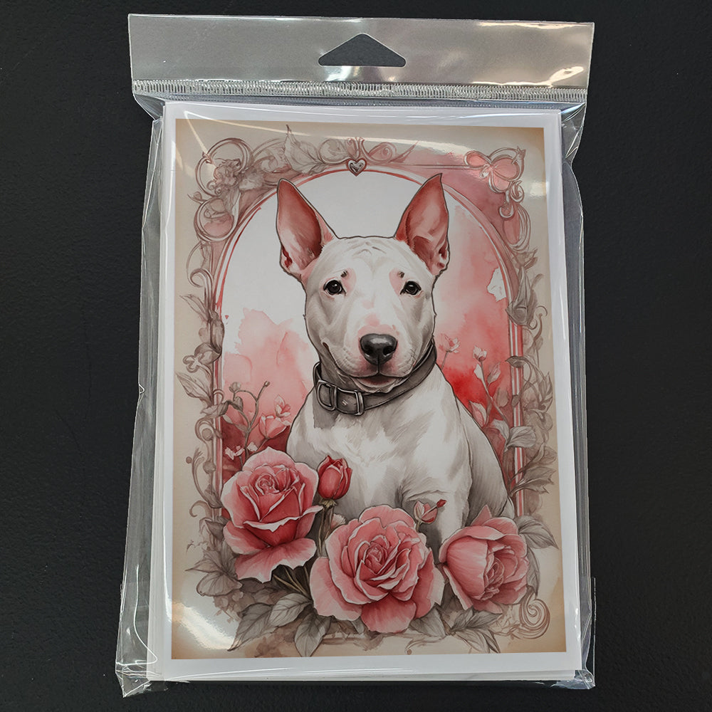 English Bull Terrier Valentine Roses Greeting Cards Pack of 8 Blank Cards with Envelopes Whimsical A7 Size 5x7