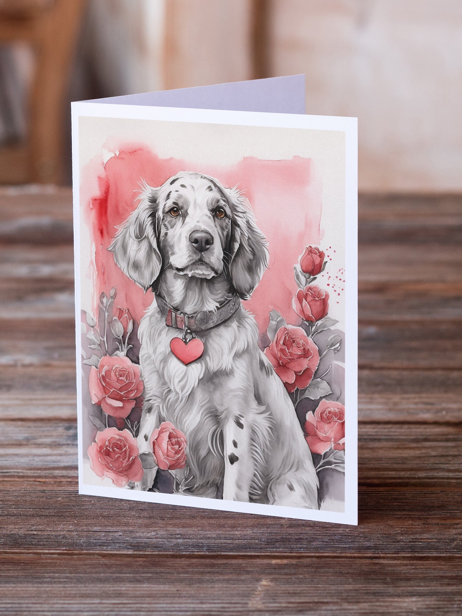 English Setter Valentine Roses Greeting Cards Pack of 8 Blank Cards with Envelopes Whimsical A7 Size 5x7