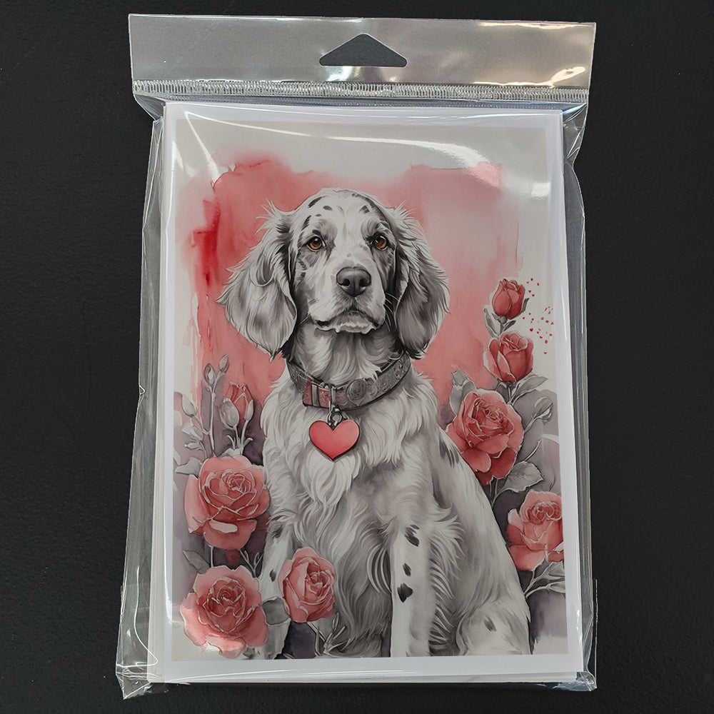 English Setter Valentine Roses Greeting Cards Pack of 8 Blank Cards with Envelopes Whimsical A7 Size 5x7