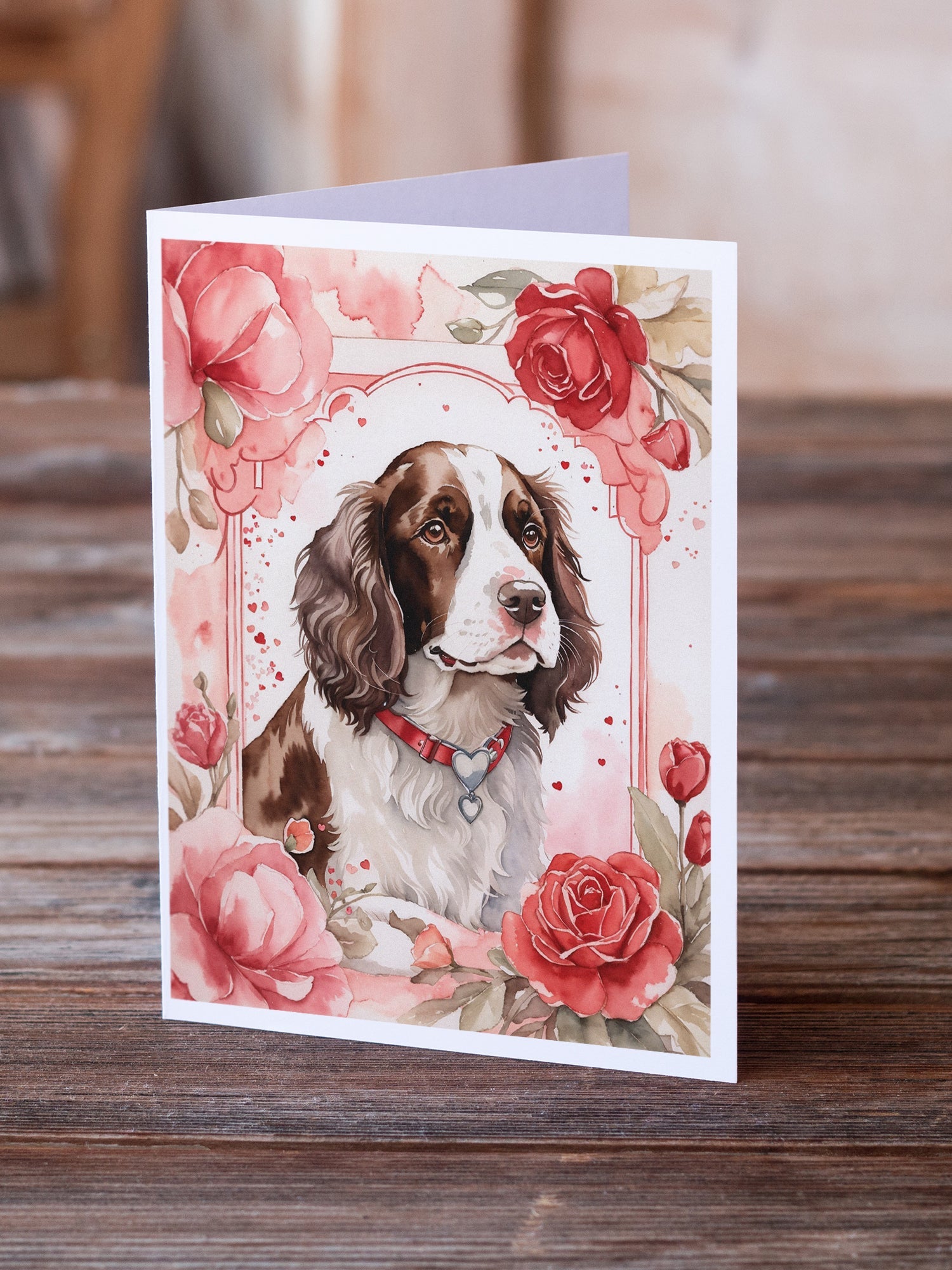 English Springer Spaniel Valentine Roses Greeting Cards Pack of 8 Blank Cards with Envelopes Whimsical A7 Size 5x7
