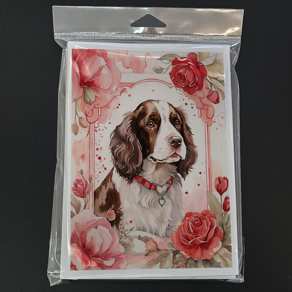 English Springer Spaniel Valentine Roses Greeting Cards Pack of 8 Blank Cards with Envelopes Whimsical A7 Size 5x7