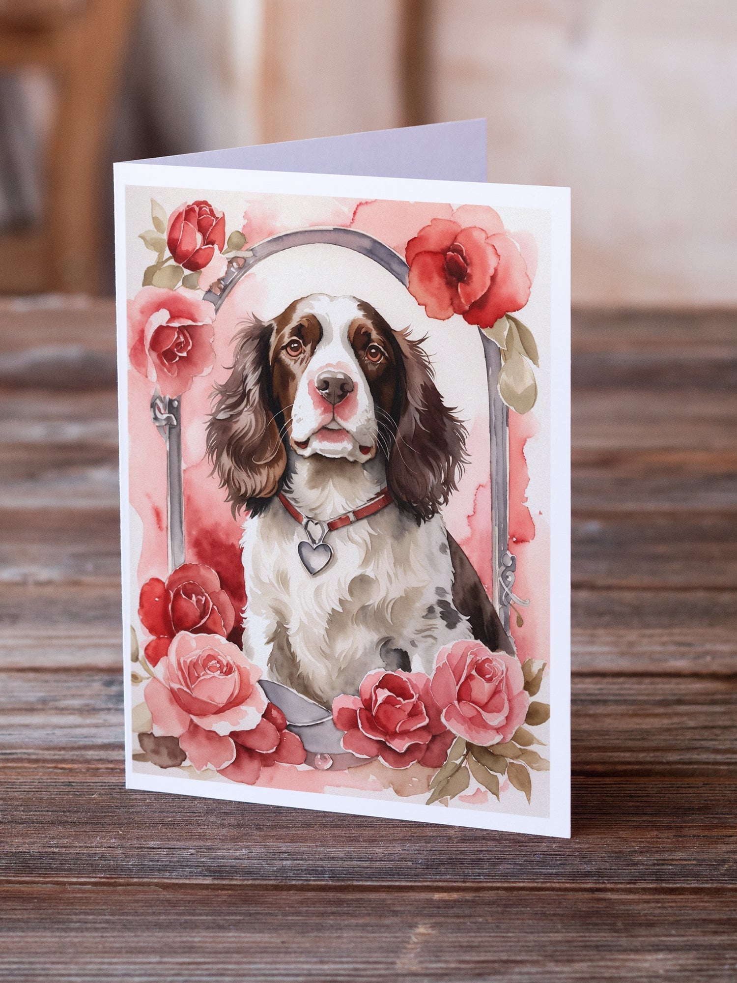 English Springer Spaniel Valentine Roses Greeting Cards Pack of 8 Blank Cards with Envelopes Whimsical A7 Size 5x7