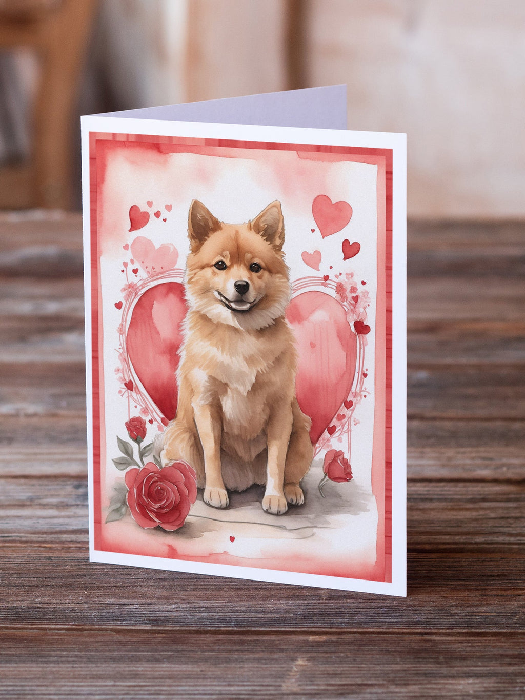 Finnish Spitz Valentine Roses Greeting Cards Pack of 8 Blank Cards with Envelopes Whimsical A7 Size 5x7