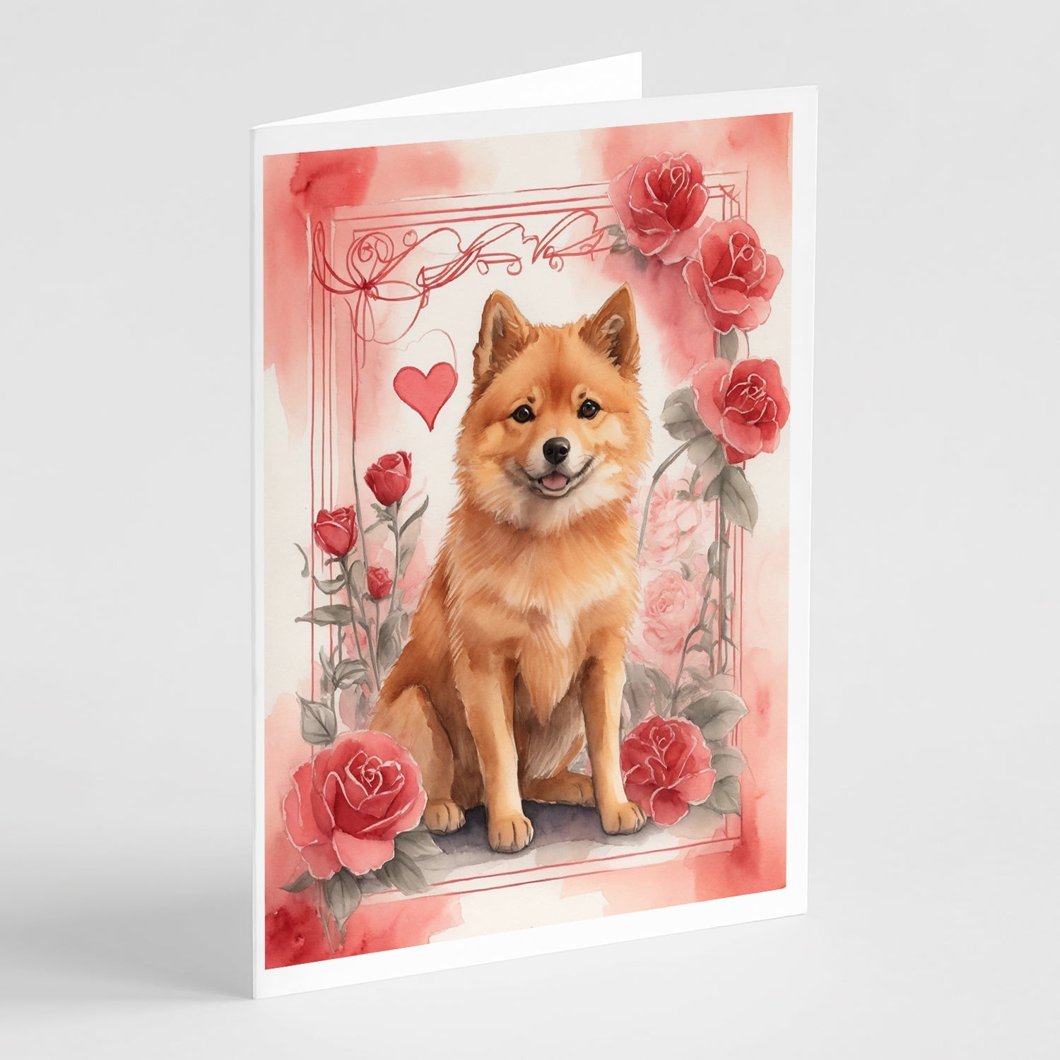 Finnish Spitz Valentine Roses Greeting Cards Pack of 8 Blank Cards with Envelopes Whimsical A7 Size 5x7