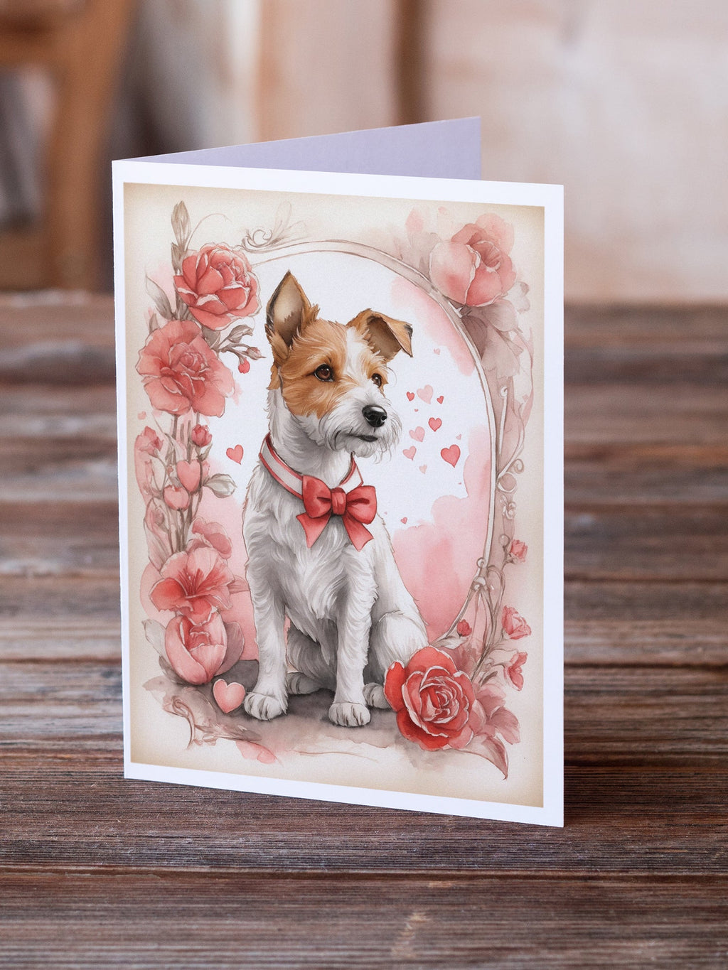 Fox Terrier Valentine Roses Greeting Cards Pack of 8 Blank Cards with Envelopes Whimsical A7 Size 5x7