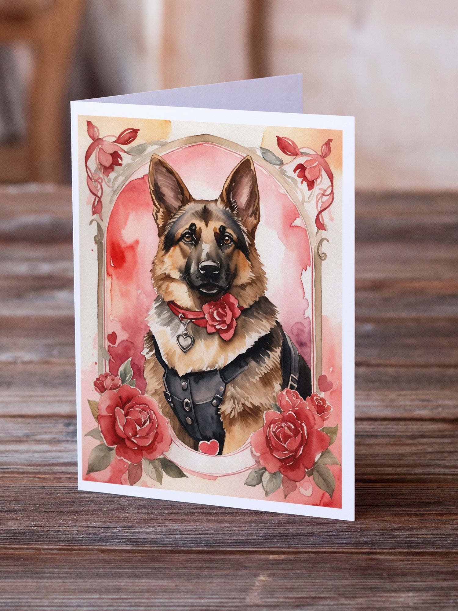 German Shepherd Valentine Roses Greeting Cards Pack of 8 Blank Cards with Envelopes Whimsical A7 Size 5x7