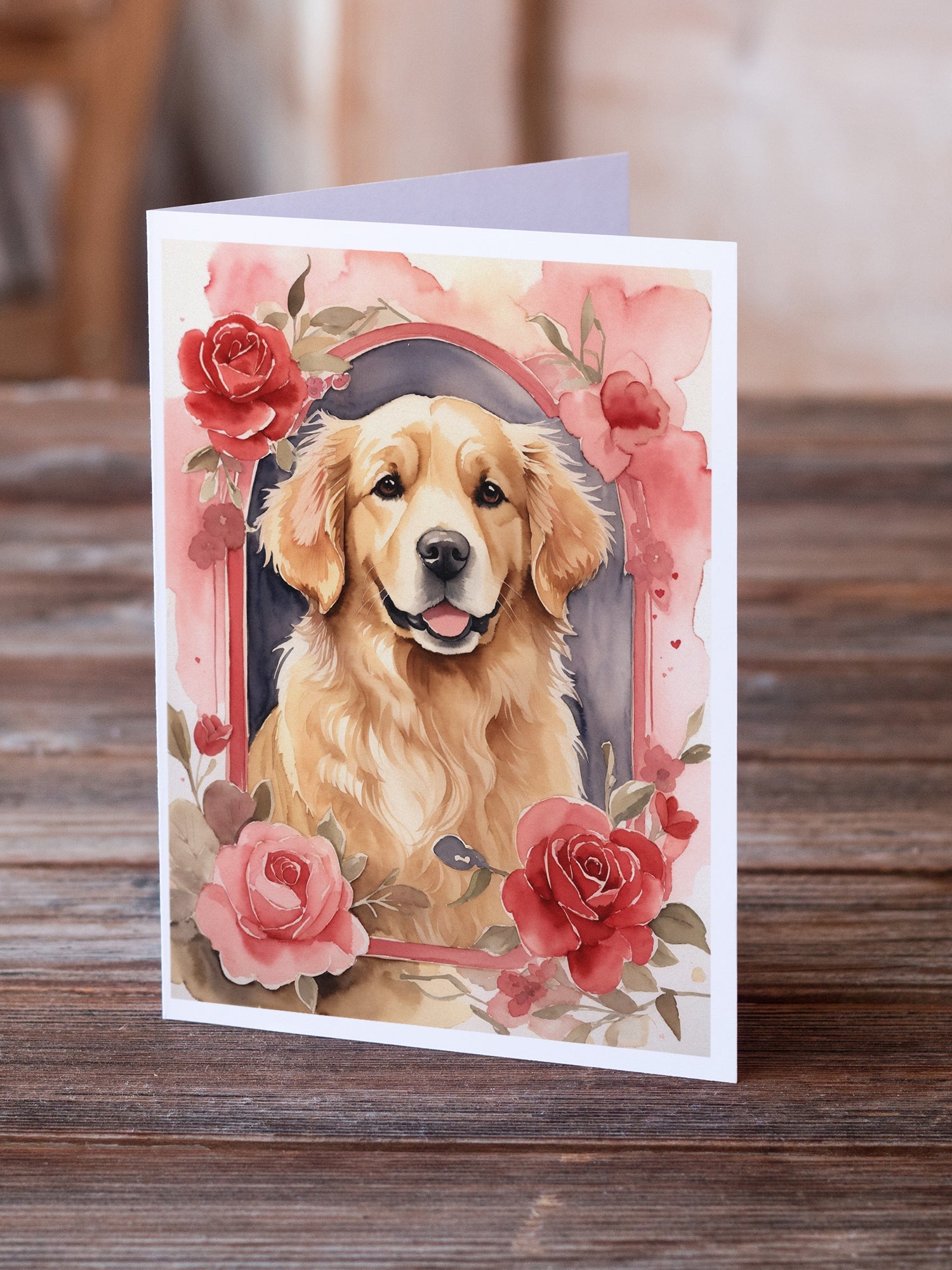 Golden Retriever Valentine Roses Greeting Cards Pack of 8 Blank Cards with Envelopes Whimsical A7 Size 5x7