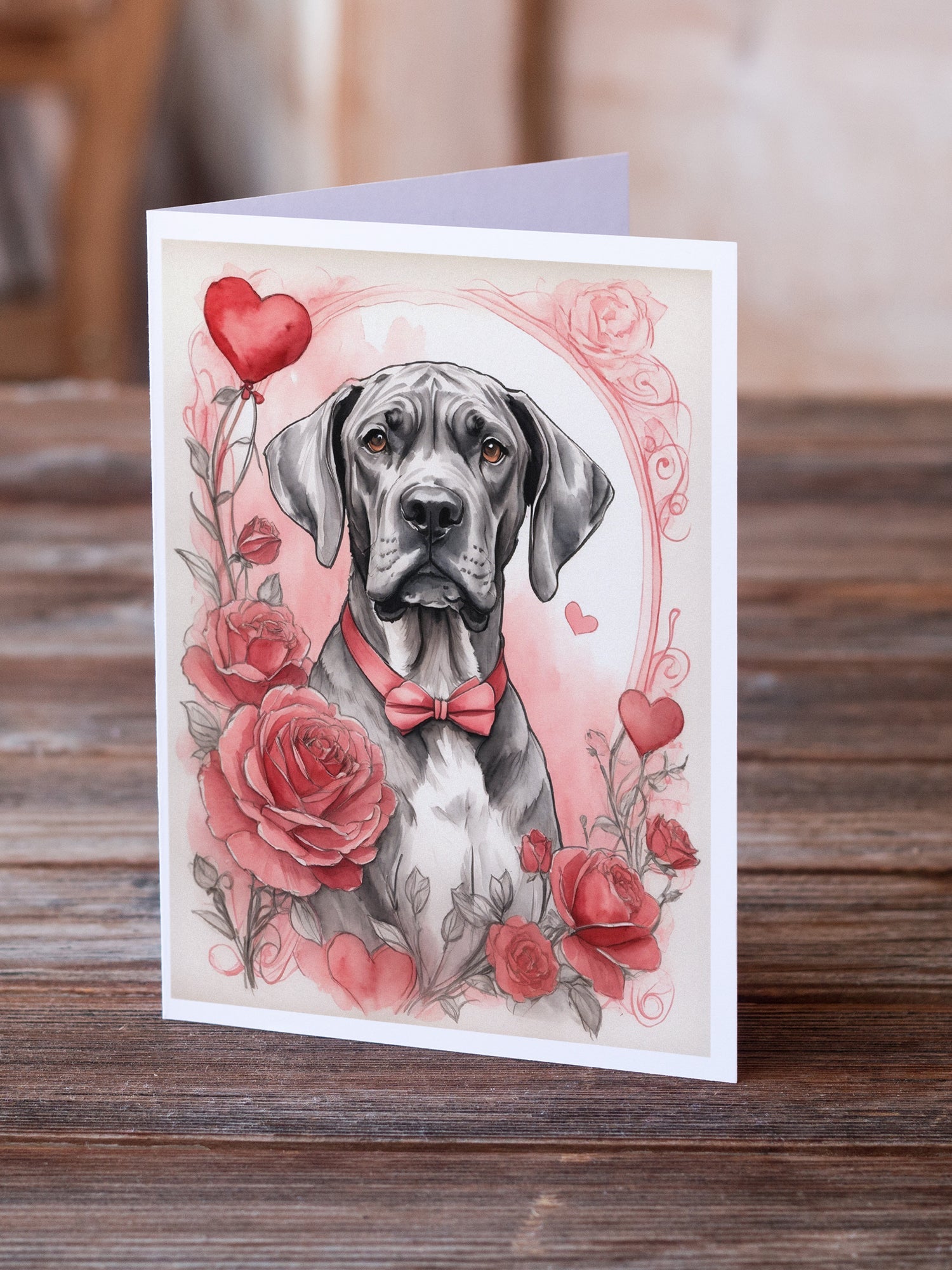 Great Dane Valentine Roses Greeting Cards Pack of 8 Blank Cards with Envelopes Whimsical A7 Size 5x7