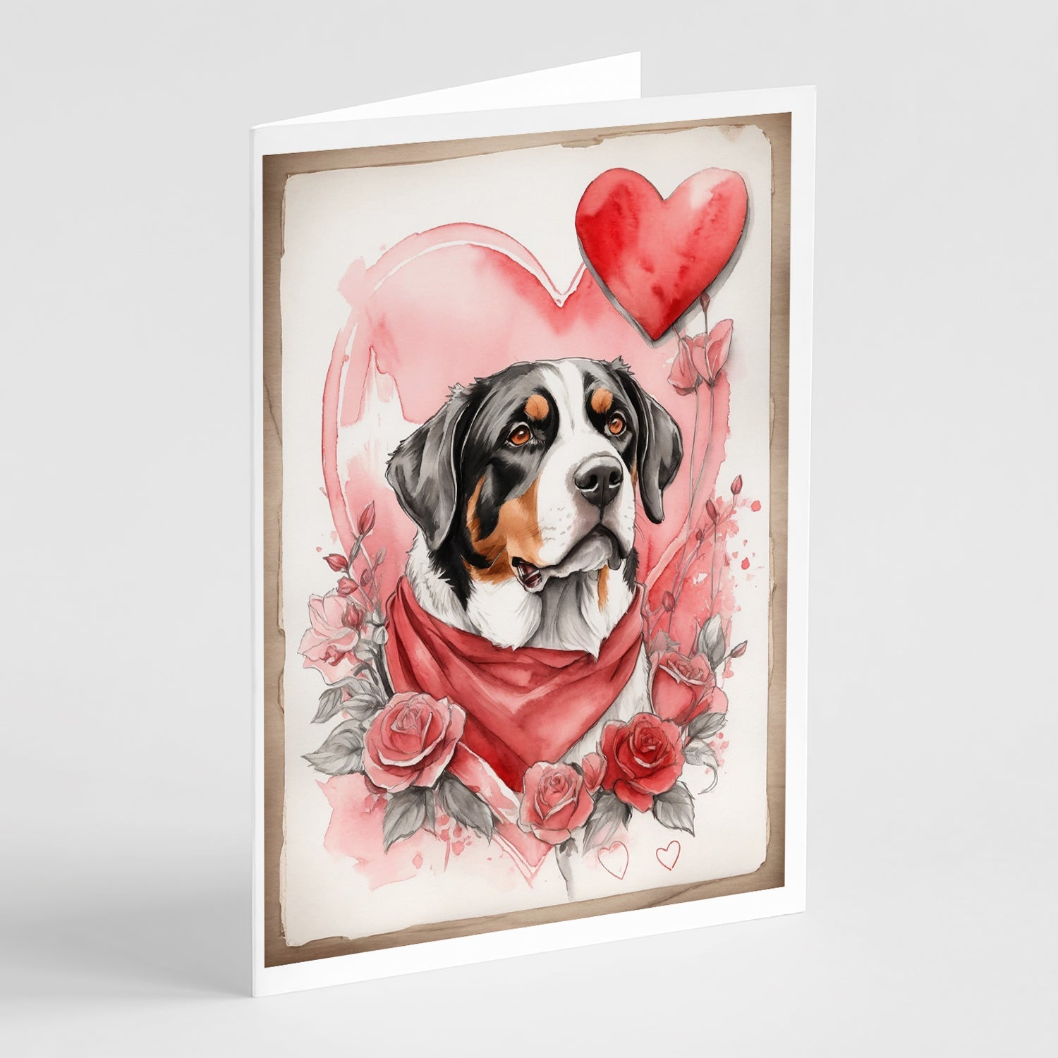 Greater Swiss Mountain Dog Valentine Roses Greeting Cards Pack of 8 Blank Cards with Envelopes Whimsical A7 Size 5x7