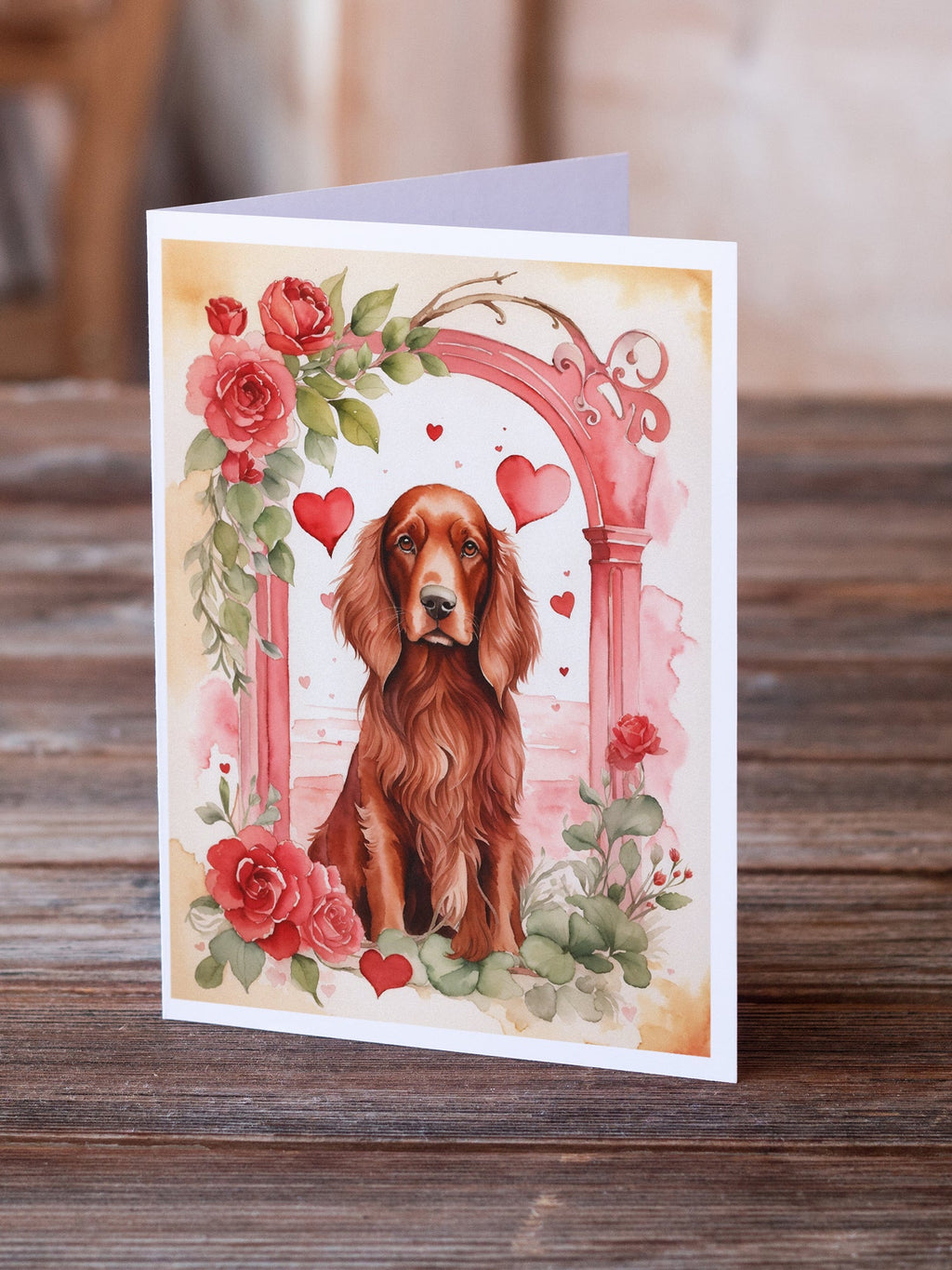 Irish Setter Valentine Roses Greeting Cards Pack of 8 Blank Cards with Envelopes Whimsical A7 Size 5x7