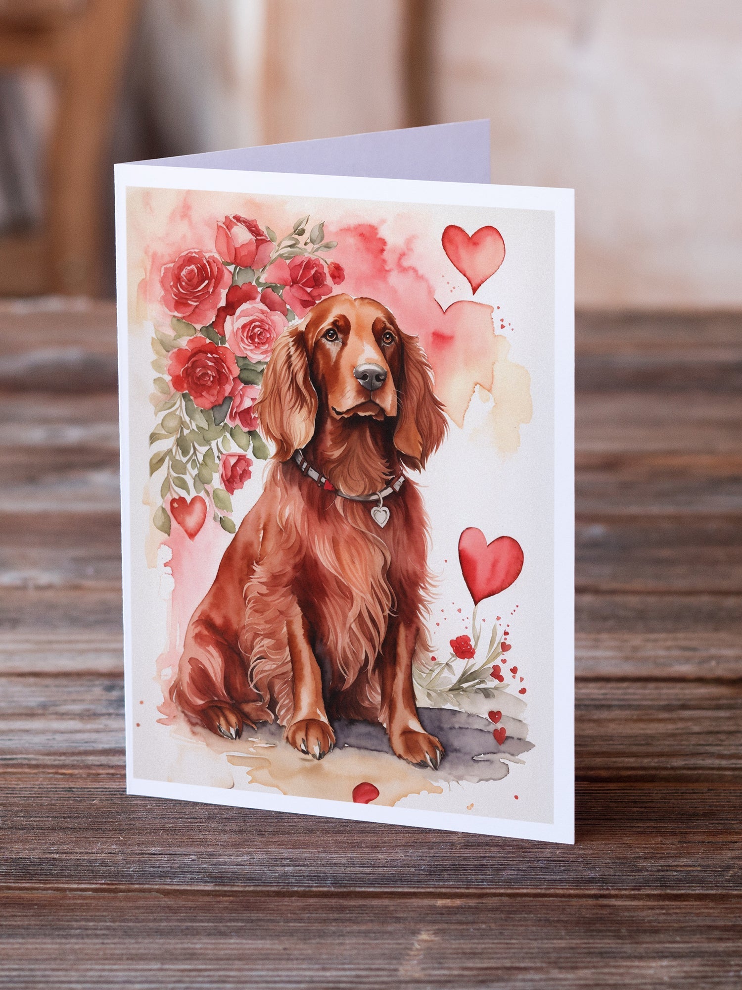 Irish Setter Valentine Roses Greeting Cards Pack of 8 Blank Cards with Envelopes Whimsical A7 Size 5x7