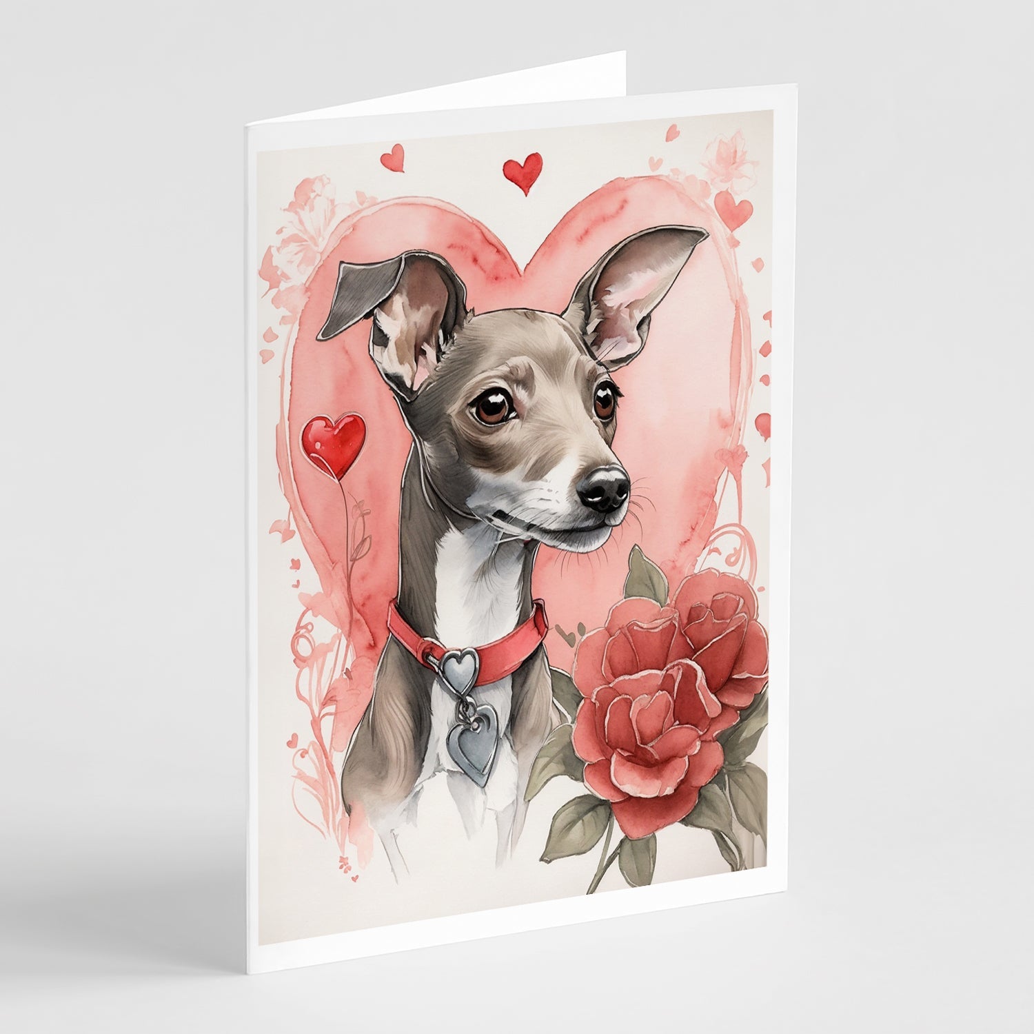 Italian Greyhound Valentine Roses Greeting Cards Pack of 8 Blank Cards with Envelopes Whimsical A7 Size 5x7