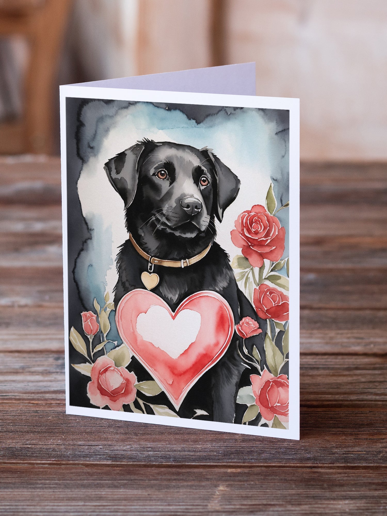 Black Labrador Retriever Valentine Roses Greeting Cards Pack of 8 Blank Cards with Envelopes Whimsical A7 Size 5x7