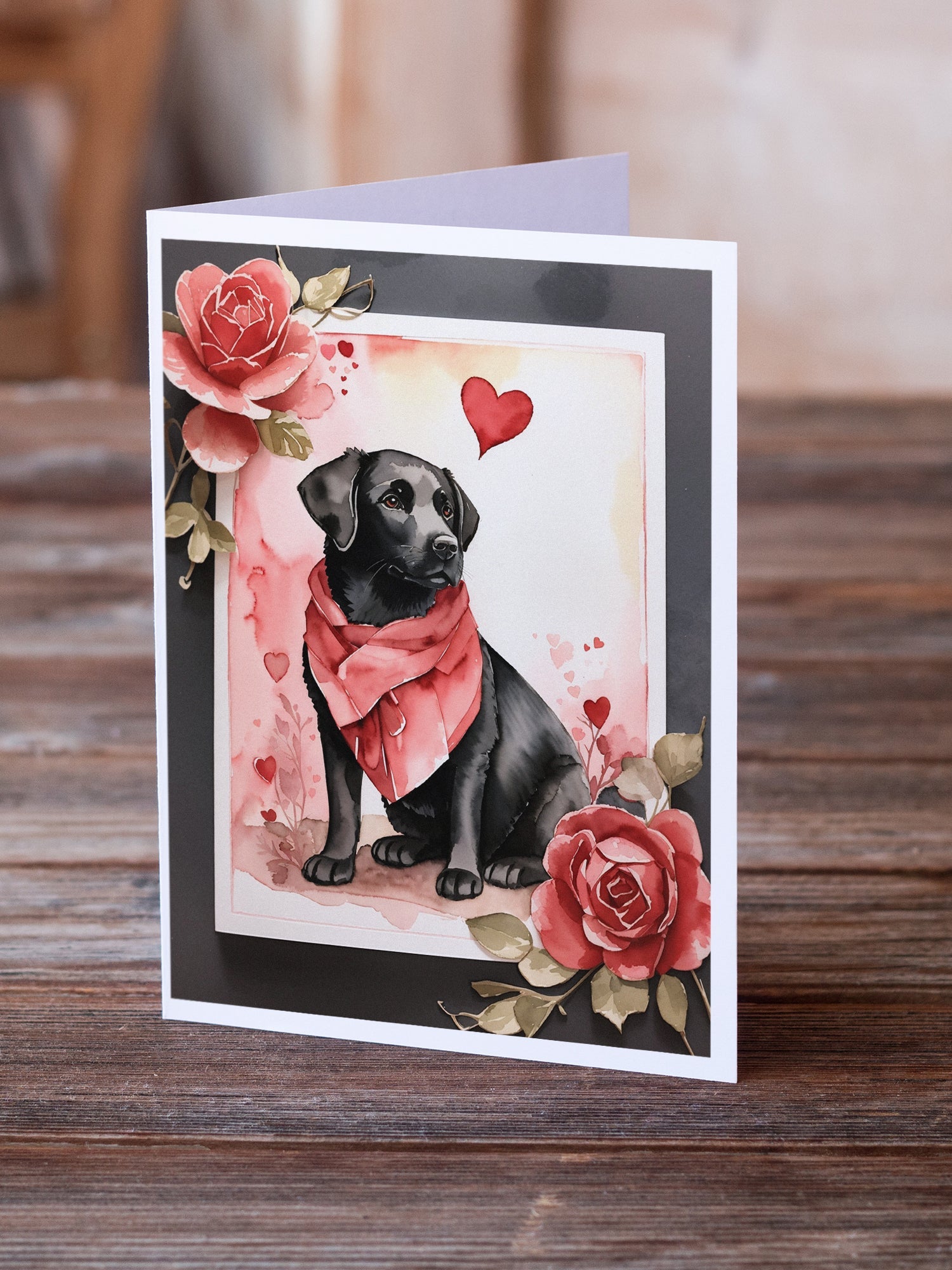 Black Labrador Retriever Valentine Roses Greeting Cards Pack of 8 Blank Cards with Envelopes Whimsical A7 Size 5x7