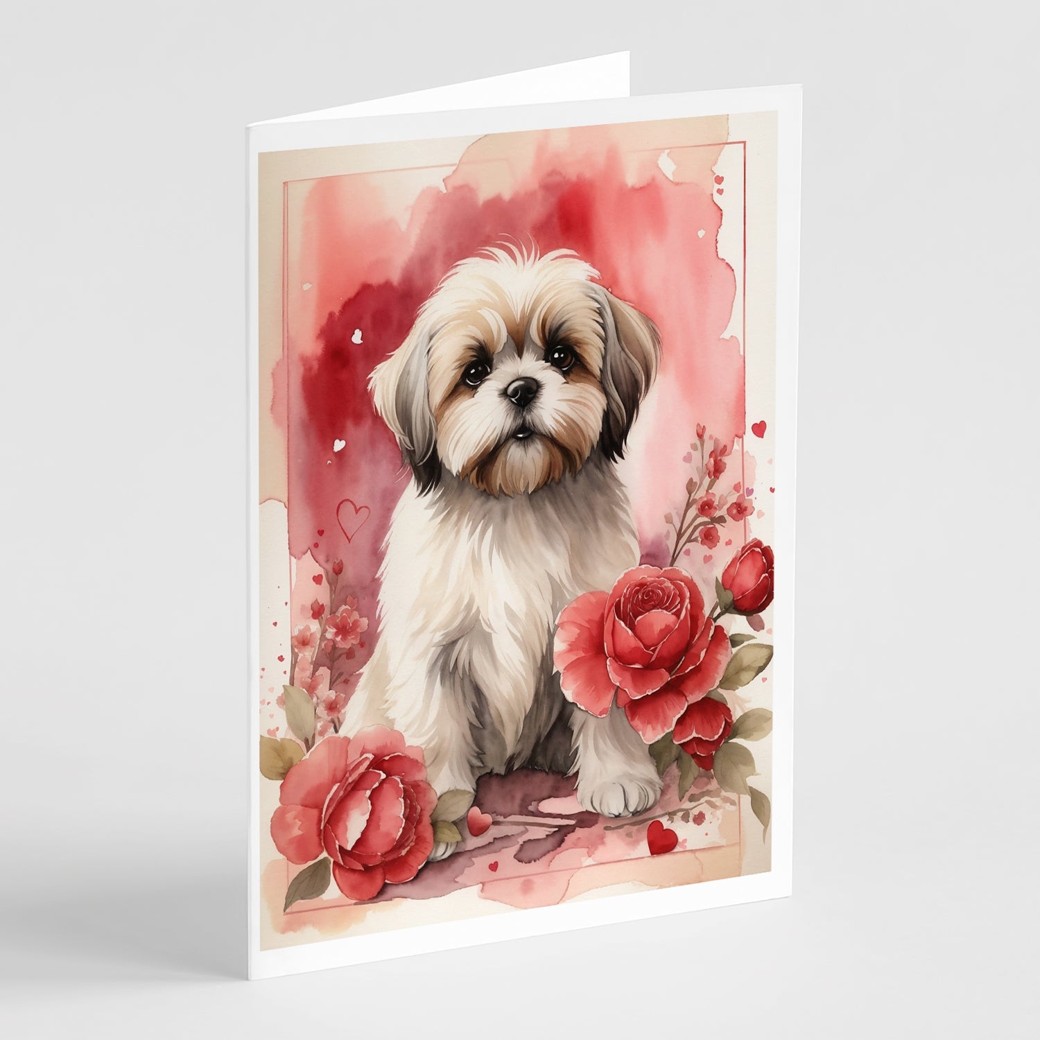 Lhasa Apso Valentine Roses Greeting Cards Pack of 8 Blank Cards with Envelopes Whimsical A7 Size 5x7
