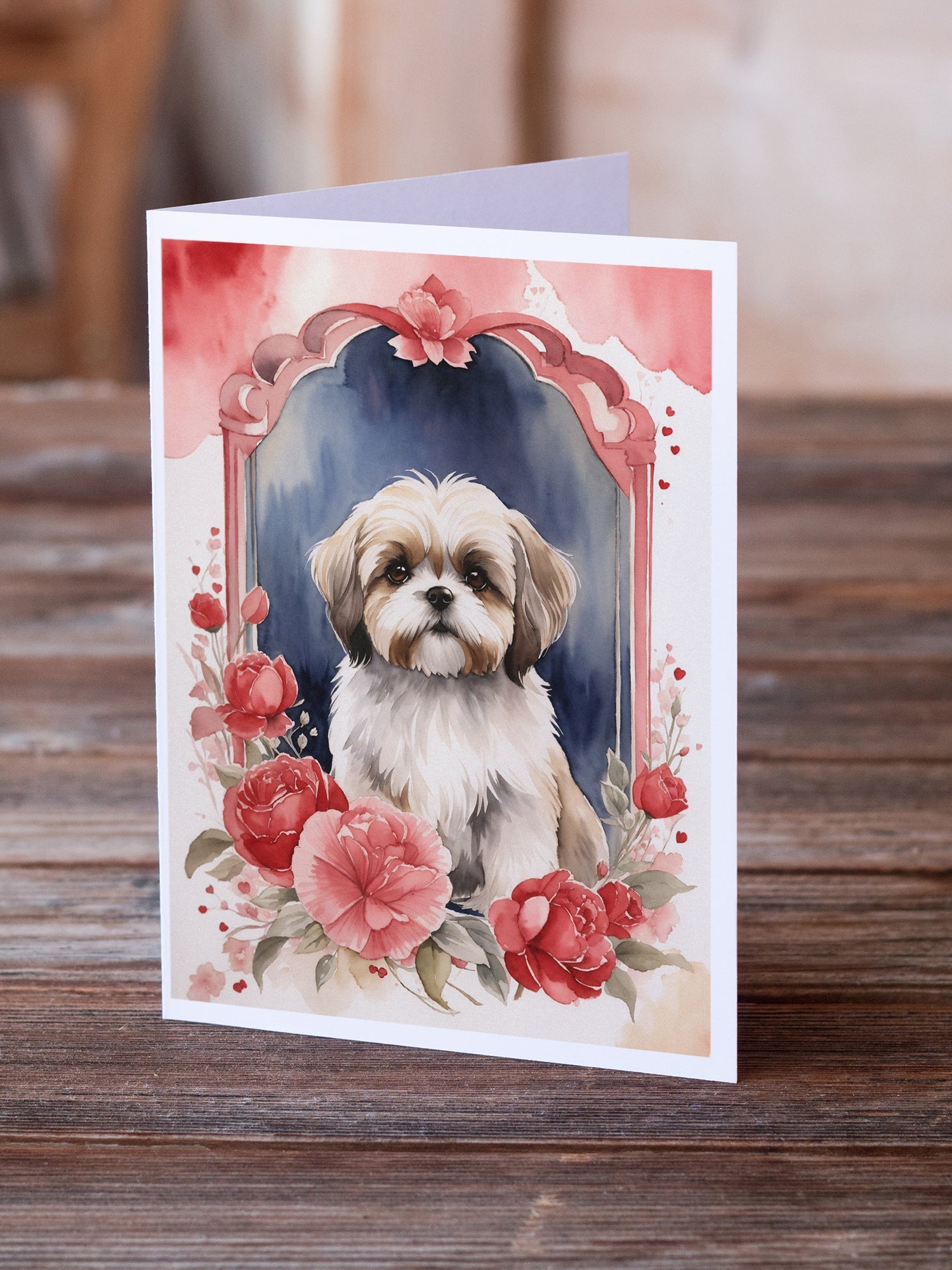 Lhasa Apso Valentine Roses Greeting Cards Pack of 8 Blank Cards with Envelopes Whimsical A7 Size 5x7