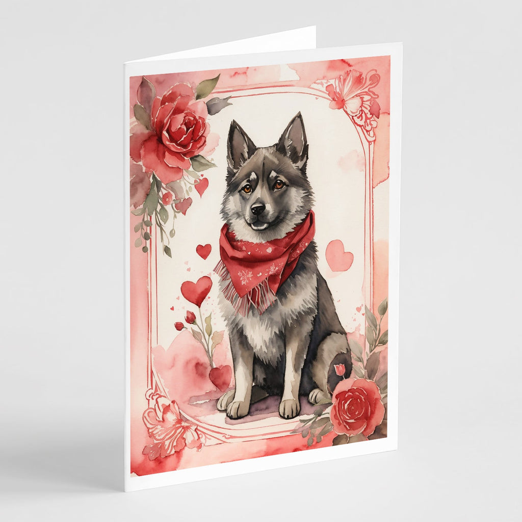 Norwegian Elkhound Valentine Roses Greeting Cards Pack of 8 Blank Cards with Envelopes Whimsical A7 Size 5x7
