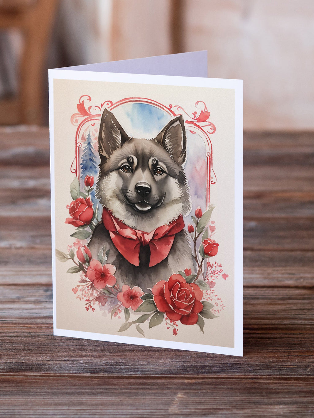 Norwegian Elkhound Valentine Roses Greeting Cards Pack of 8 Blank Cards with Envelopes Whimsical A7 Size 5x7