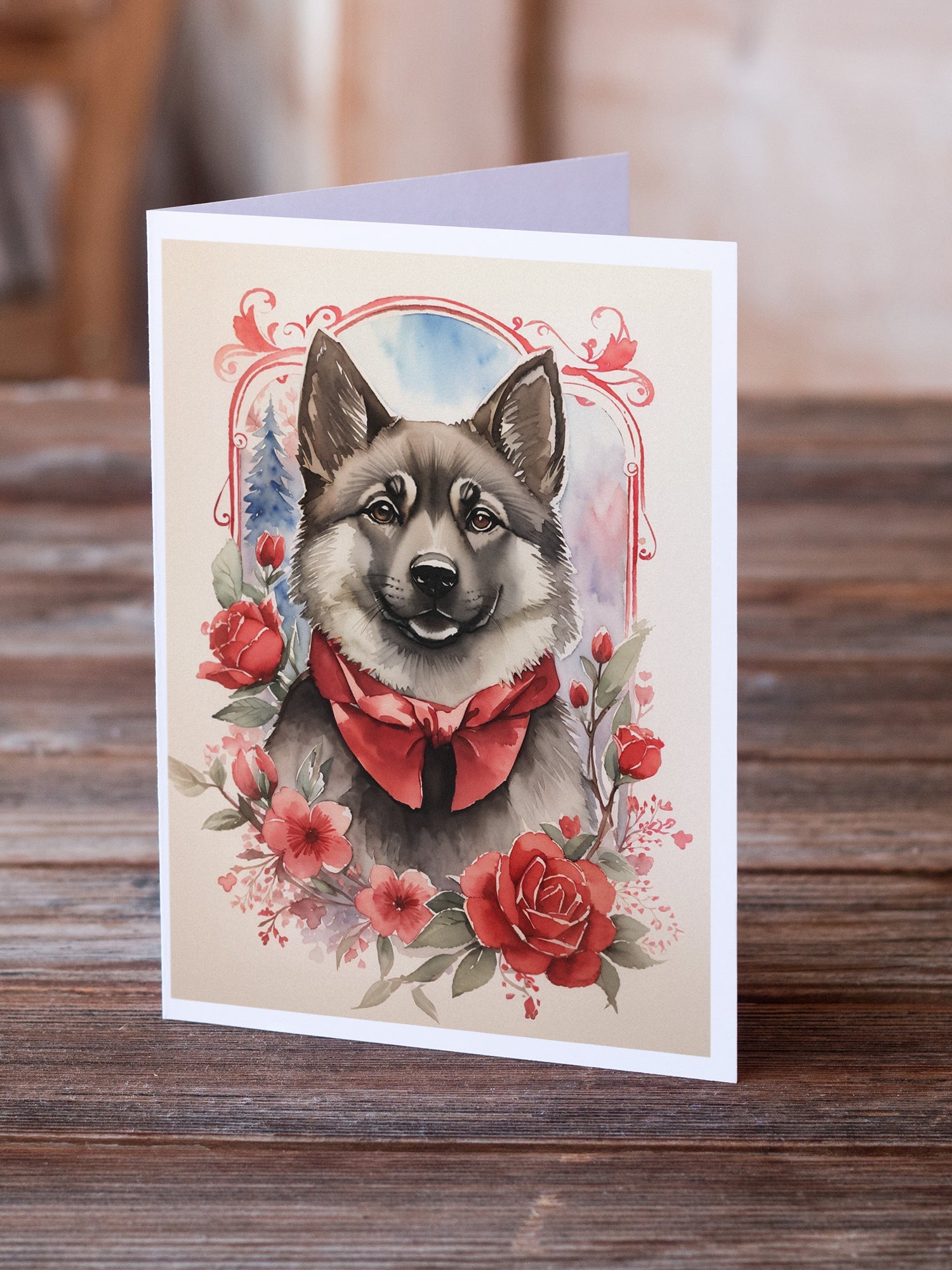 Norwegian Elkhound Valentine Roses Greeting Cards Pack of 8 Blank Cards with Envelopes Whimsical A7 Size 5x7