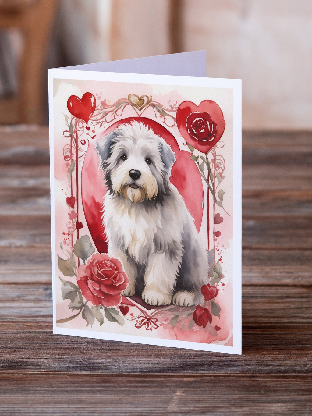 Old English Sheepdog Valentine Roses Greeting Cards Pack of 8 Blank Cards with Envelopes Whimsical A7 Size 5x7