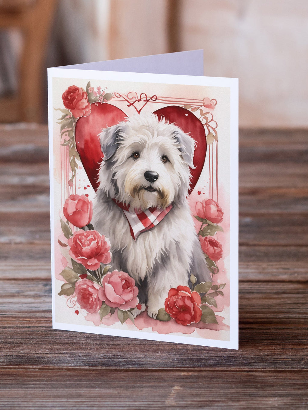Old English Sheepdog Valentine Roses Greeting Cards Pack of 8 Blank Cards with Envelopes Whimsical A7 Size 5x7