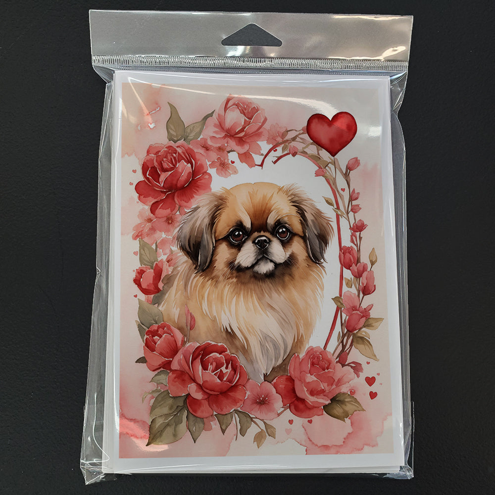 Pekingese Valentine Roses Greeting Cards Pack of 8 Blank Cards with Envelopes Whimsical A7 Size 5x7