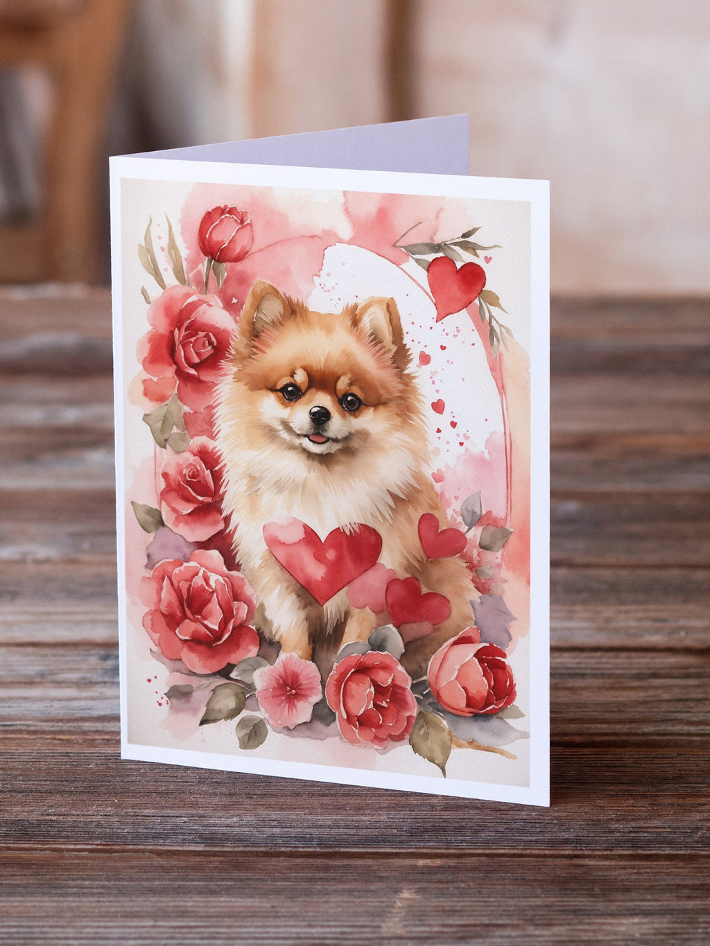 Pomeranian Valentine Roses Greeting Cards Pack of 8 Blank Cards with Envelopes Whimsical A7 Size 5x7
