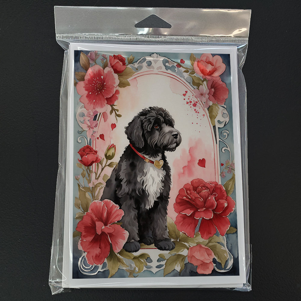 Portuguese Water Dog Valentine Roses Greeting Cards Pack of 8 Blank Cards with Envelopes Whimsical A7 Size 5x7